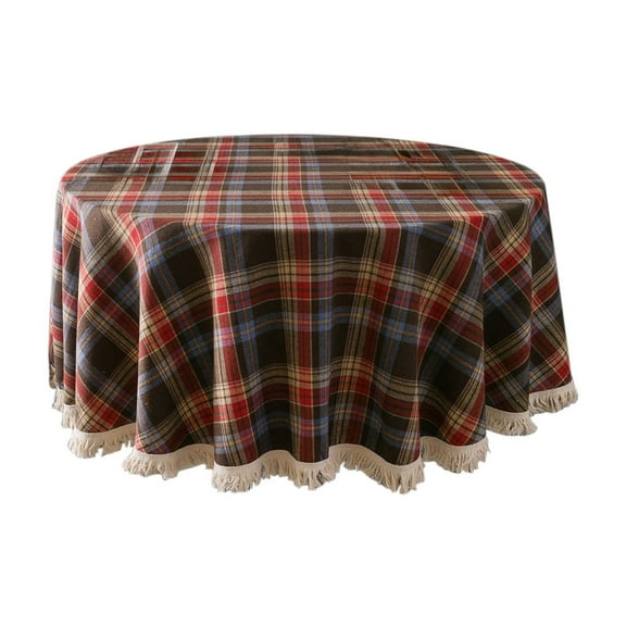 Luoshdecor Christmas Round Tablecloth,Classic Woven Checked Farmhouse Table Protector with Tassel for Xmas Dining Room Kitchen Party 59 in
