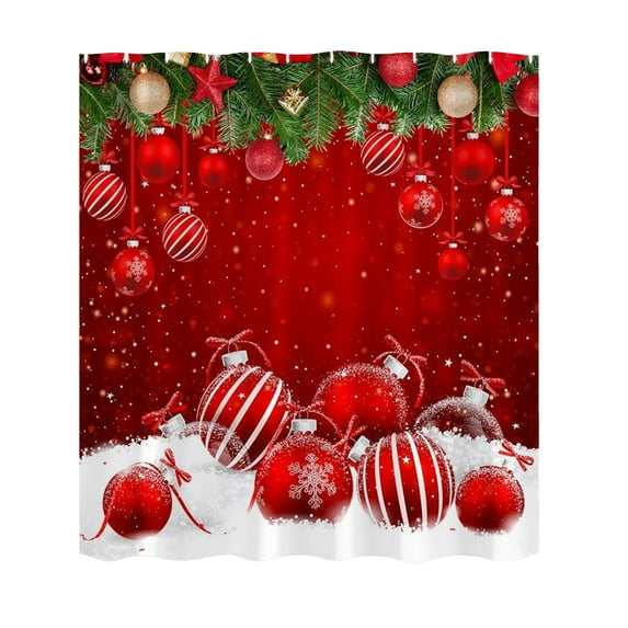 Luoshdecor Christmas Shower Curtain,Fabric Red Merry Xmas Ball Snowflake Winter Shower Curtain for Bathroom with Hooks 71x37 in