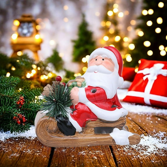 Luoshdecor Christmas Snowman Santa Figurines,4.9 in Ceramics Skiing Statue Tabletop Decoration for Party Indoor Decor