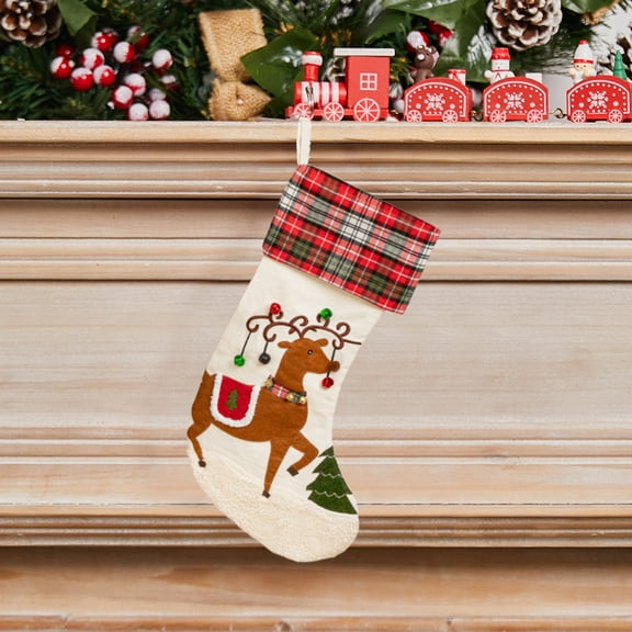 Luoshdecor Christmas Stockings,9 in Cute Santa Snowman Deer Gift Plaid Cuff Stocking for Holiday Xmas Party