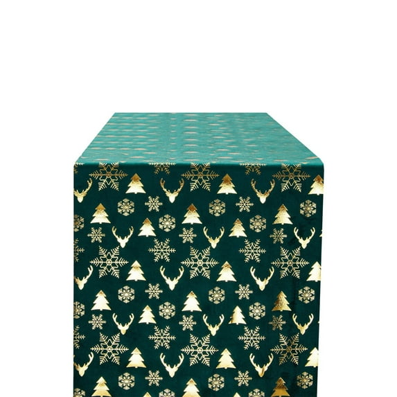 Luoshdecor Christmas Table Runner,11x109 in Glitter Metallic Foil Reindeer Tree Snowflakes Kitchen Dining Table Decoration for Indoor Outdoor Parties