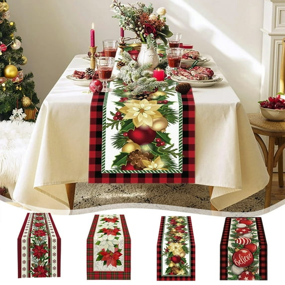 Luoshdecor Christmas Table Runner,Xmas Poinsettia Balls Flowers Table Runner with Plaid Edge ,Winter Holiday Farmhouse Decoration for Home Kitchen Wedding 13x72 in
