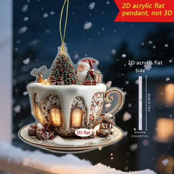 Luoshdecor Christmas Tree Ornaments,Christmas Acrylic Pendant Cute Santa Snow House 2D Coffee Cup for Family Holiday Xmas Tree Decor