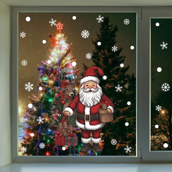 Luoshdecor Christmas Window Clings Decorations, Large Santa Claus Snowman Window Clings with Snowflakes Rustic Xmas Stickers for Home Office School Winter Holiday Dcor 17.5x12.9 in