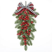 Luoshdecor Christmas Winter Swag ,Artificial Teardrop Swag Wreaths with Berry Plaid Bow,Pine Branch Teardrop Pendant for Front Door Indoor Wall Stairs Hanging Decor 23.6 in