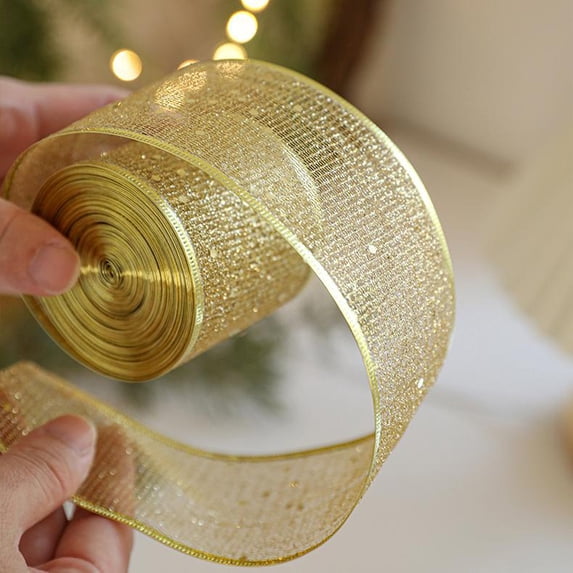 Luoshdecor Christmas Wired Gold Ribbon,Assorted Swirl Edge Patterns Crafts Glitter Ribbon for Gift Wrapping, Crafts, Wreath, Garland, Tree Topper Bows - 2.5in x2.2 Yards