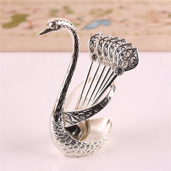 Luoshdecor Coffee Spoon Set,Sliver Swan Spoon Fork Holder, Charming Decorative Coffee Spoon Organizer Serving Kit for Home Kitchen Table Decor