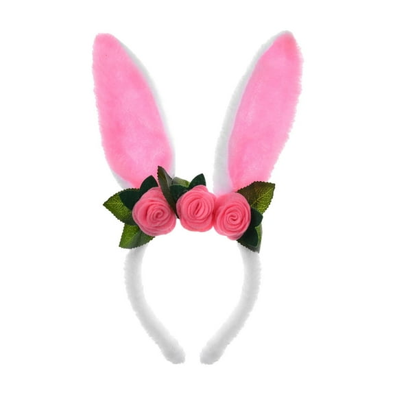 Luoshdecor Easter Bunny Ears Headband with Rose Flower,Costume Hair Accessories for Women Spring Wedding Decor