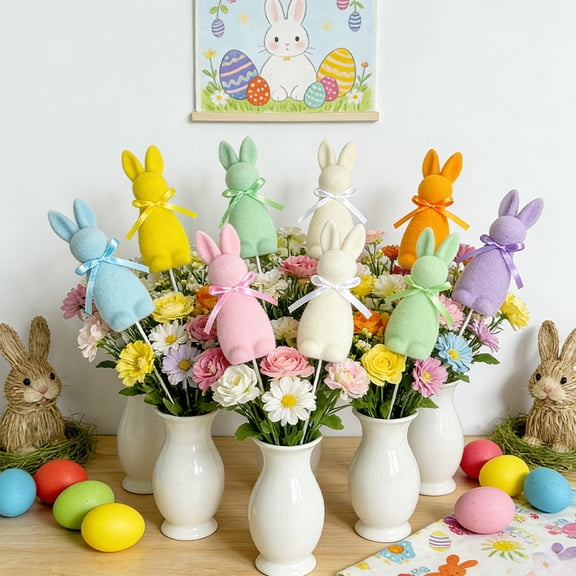 Luoshdecor Easter Flocked Bunnies Picks,Easter Pastel Flocked Bunny Tree Picks for Tree Topper Farmhouse Party Home Decorations