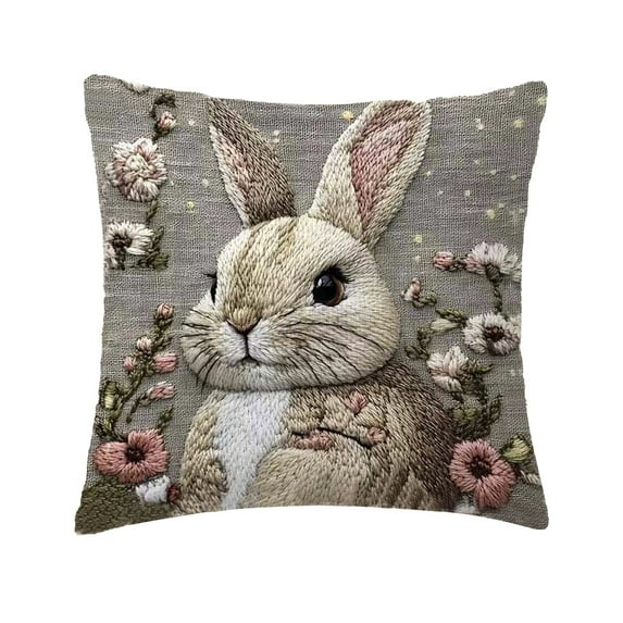 Luoshdecor Easter Spring Rabbit Pillow Cover, 17.71 Inch Short Plush Pillowcase with Embroidered, Couch & Bedroom Decor