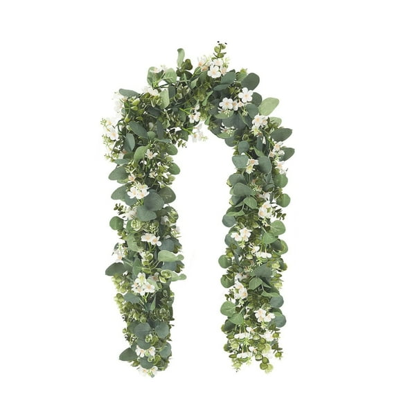 Luoshdecor Eucalyptus Garland with White Flowers,Artificial Greenery Garland Fake Vines Green Garlands for Wedding Centerpiece Table Party 5.9 Ft