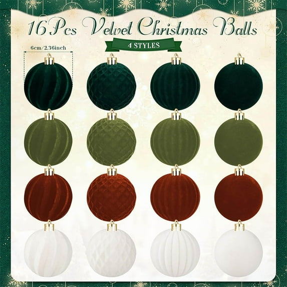 Luoshdecor Flocked Ornaments for Christmas Tree Decorations,16 Pcs Shatterproof Velvet Ball Ornament for Xmas Holiday Decor