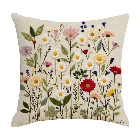 Luoshdecor Floral Embroidered Throw Pillow Covers,18x18in,Boho Spring Cozy Flower Pillowcase for Living Room Couch Sofa Bed