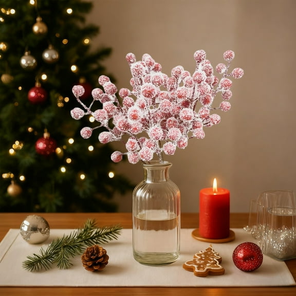 Luoshdecor Frosted Berries Christmas Stems, Red & White, Christmas Snowy Fake Red Berries Branches for Winter Holiday Table Decor 7.87 in