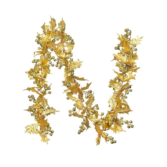 Luoshdecor Gold Berry Christmas Garland, Artificial Gold Berries Holly Leaves Vines Hanging Rattan for Indoor Xmas Tree Party Home Garden Door Window Mantle New Year Decor 72 in