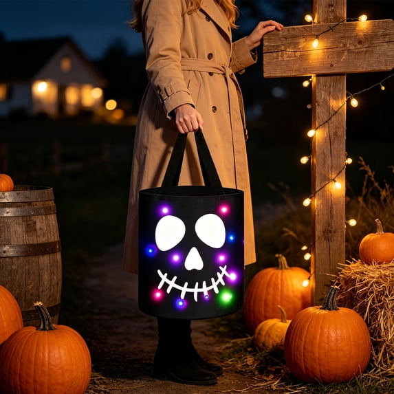 Luoshdecor Halloween Lighted Pumpkin Candy Bucket,Reusable Goody Treat Bag with LED Light,Spooky Gift Container for Halloween Party,11.8x9.8 Inch