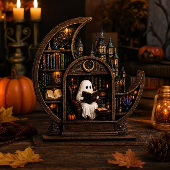 Luoshdecor Halloween Wooden Tabletop Decorations,Castle & Bookshelf Scene with Reading Ghost Design,Ideal Festive Gift for Book Lovers