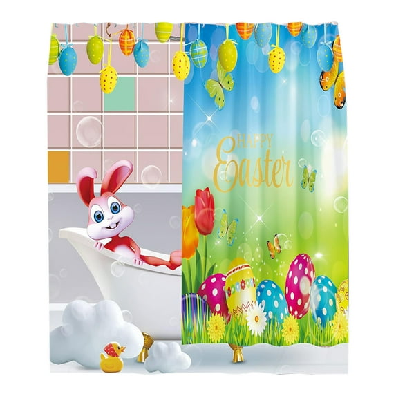 Luoshdecor Happy Easter Shower Curtain,Cute Bunny Egg Shower Curtains Spring Shower Curtain with Hook for Bathroom Bathtub Decor
