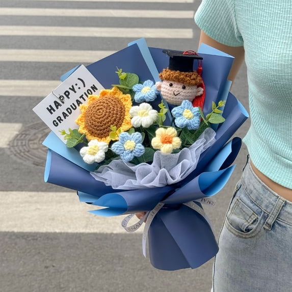 Luoshdecor Happy Graduation Flower Bouquet,Artificial Knitted SunFlower Bouquet with Cap Gift for Graduation Party Supplies