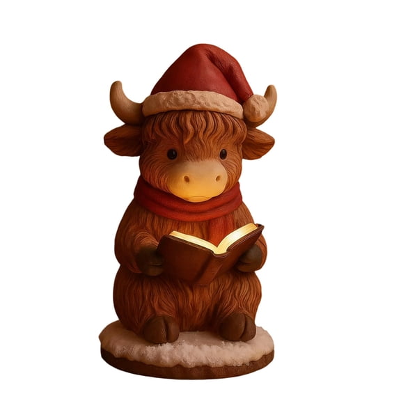 Luoshdecor Highland Cow Figurine Light,Resin Xmas Reading Book Highland Cow LED Light Gifts for Home Office Tabletop Decor 5.9 in