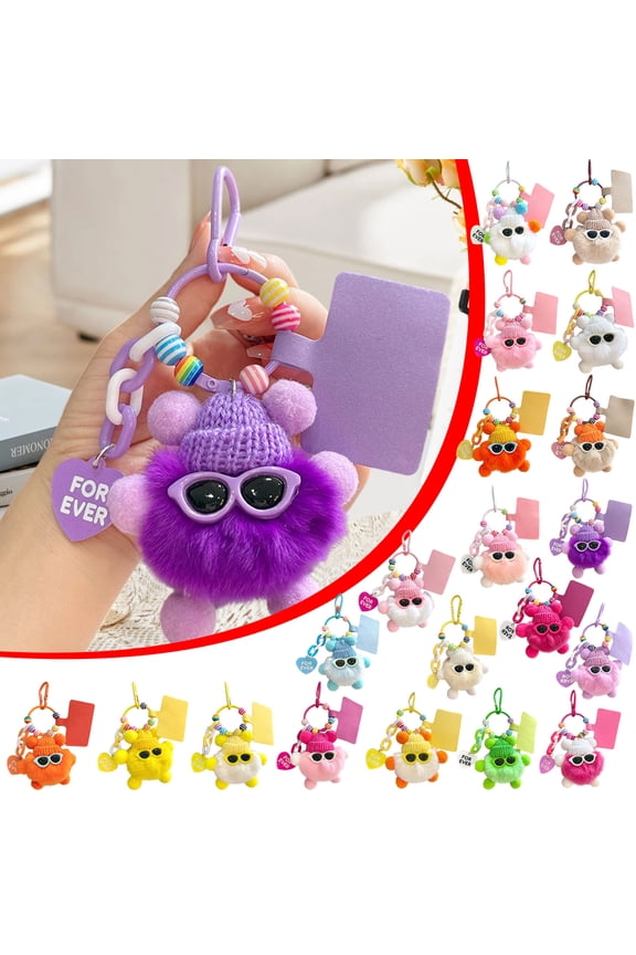 Kawaii Fluffy Ball Keychain for Women,Cartoon Soft Pom Pom Key Chain Girly Wristlet Keychain for Backpack