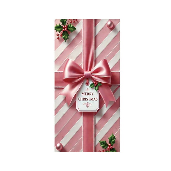 Luoshdecor Merry Christmas Door Cover,35x71 Christmas Gift Box Present Hanging Banner Decoration ,Winter Holiday Bow Door Cover for Christmas Front Door Party Supplies