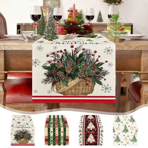 Luoshdecor Merry Christmas Table Runner,Snowflakes and Pine Tree Table Runner for Holiday, Home, Kitchen, Dining Table Decor, Winter Xmas Party Gift 13x72 in