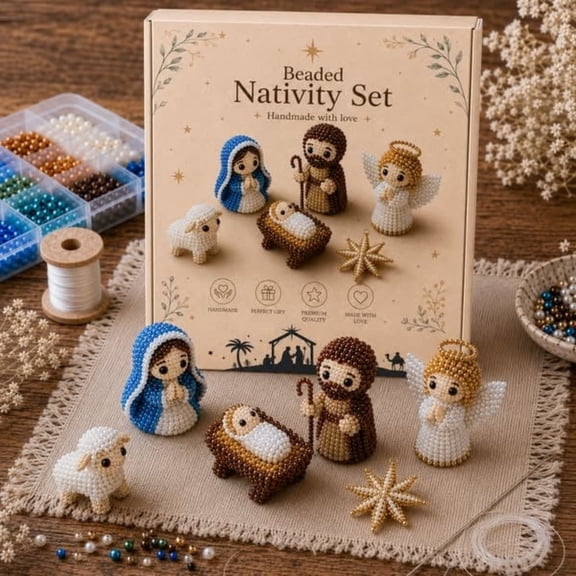 Luoshdecor Mini 3D Beaded Nativity DIY Kit,Handmade Beading Craft with Instructions for Desk Home Office Decor Gift