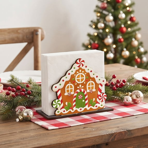 Luoshdecor Napkin Holder for Table,Christmas Cottage Shaped Wooden Napkin Holder for Holiday Party Kitchen,Countertop,Dining Room