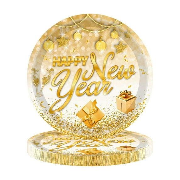 Luoshdecor New Years Eve Party Supplies,16 Pcs Golden Disposable Paper Plate for New Year's Eve Party Decorations