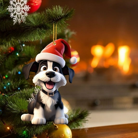 Luoshdecor Pup Christmas Ornament 2025,Acrylic Dog Holiday Tree Decoration with Santa Hat ,for Family Holiday Xmas Tree Decor