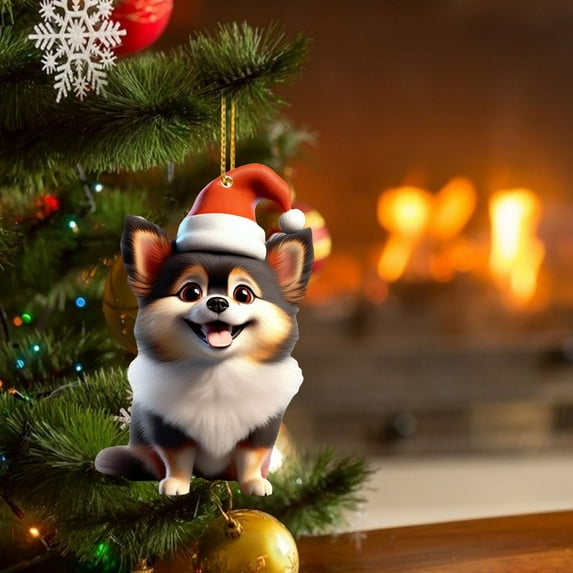 Luoshdecor Pup Christmas Ornament 2025,Acrylic Dog Holiday Tree Decoration with Santa Hat ,for Family Holiday Xmas Tree Decor