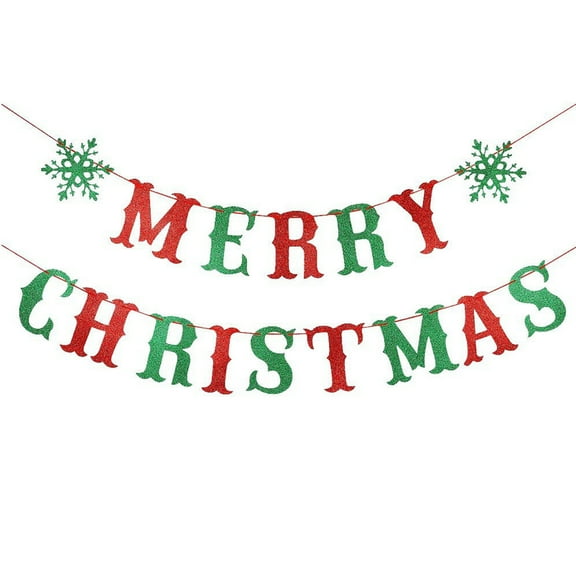 Luoshdecor Red and Green Merry Christmas Banner,Glitter Merry Christmas Sign With Snowflake Decorations for Home Outdoor Indoor Holiday Fireplace Mantel Decor