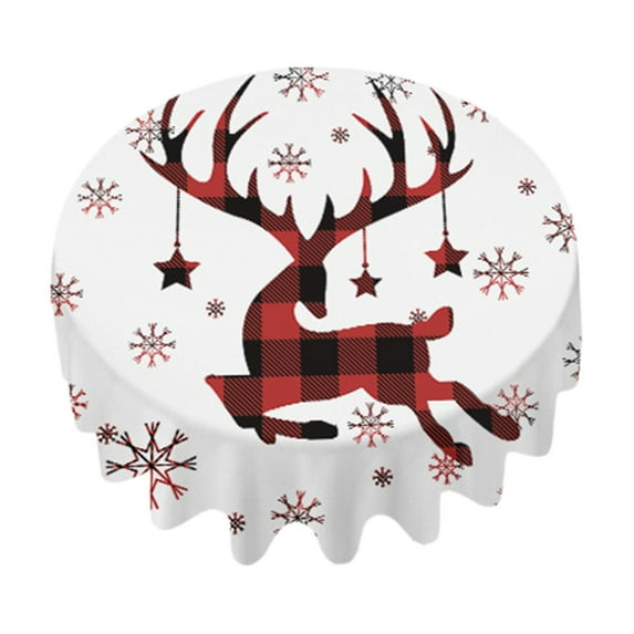 Luoshdecor Round Christmas Tablecloth,Plaid Reindeer Snowflakes Table Cover for Indoor Party Winter Holiday Kitchen Christmas Decorations 60 in