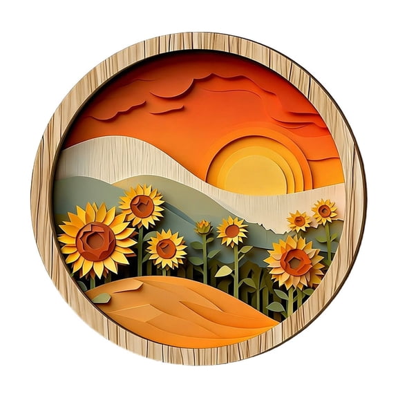 Luoshdecor Rustic Wall Art Decor,Round Wooden Hollow Out Sun Mountain Flower Wall Hanging Ornaments for Bedroom Living Room Decor