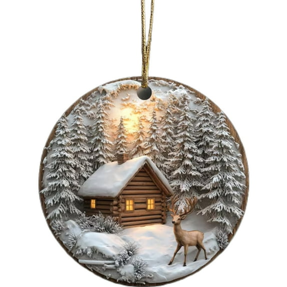 Luoshdecor Rustic Winter Cabin Christmas Ornament,Acrylic Woodland Reindeer Hanging Round Decorations for Christmas Party New Year Party Gift Supplies