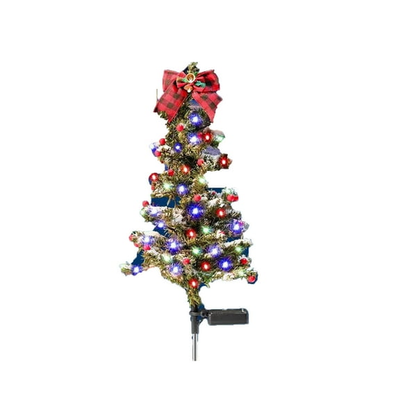 Luoshdecor Solar Christmas Tree Lights Decorations Outdoor,LED Small Solar Power Xmas Tree Decorative Stake Lights with Plaid Bow for Christmas Decoration Garden Patio Yard