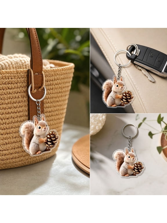 Sturdy Acrylic Keychain,2D Flat Cute Squirrel Holding Pinecone Design,Ideal Gifts for Women