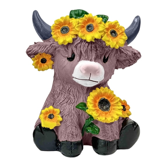 Luoshdecor Sunflower Highland Cow Figurines, Cute Resin Flower Statue Desk Statue for Home Garden Kitchen Office Decoration