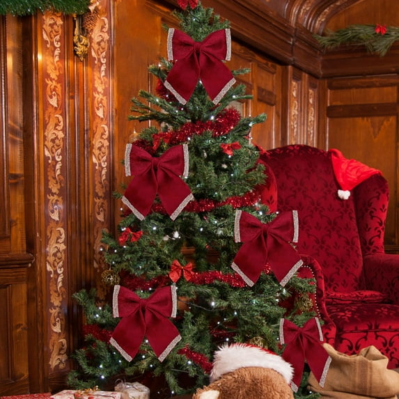 Luoshdecor Velvet Ribbon Christmas Bow,9.6" Christmas Tree Topper Decorative Bows with Glitter Edge for Home Door Tree Xmas Party Decorations