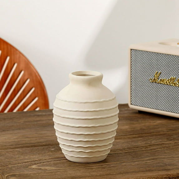 Luoshdecor Vintage Ceramic Flower Vase,Ribbed Textured Farmhouse Flower Vase for Table Top Fireplace Shelf Decor