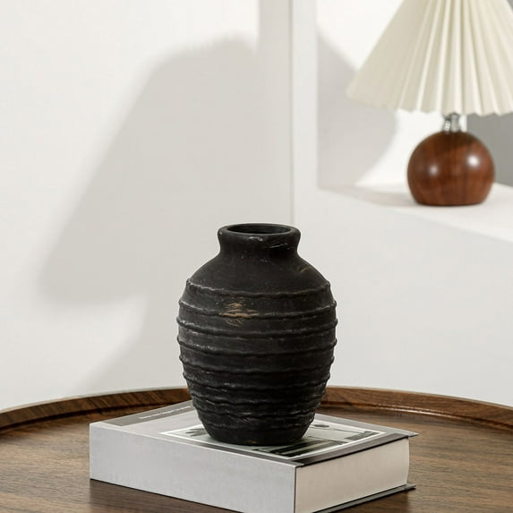 Luoshdecor Vintage Ceramic Flower Vase,Ribbed Textured Farmhouse Flower Vase for Table Top Fireplace Shelf Decor