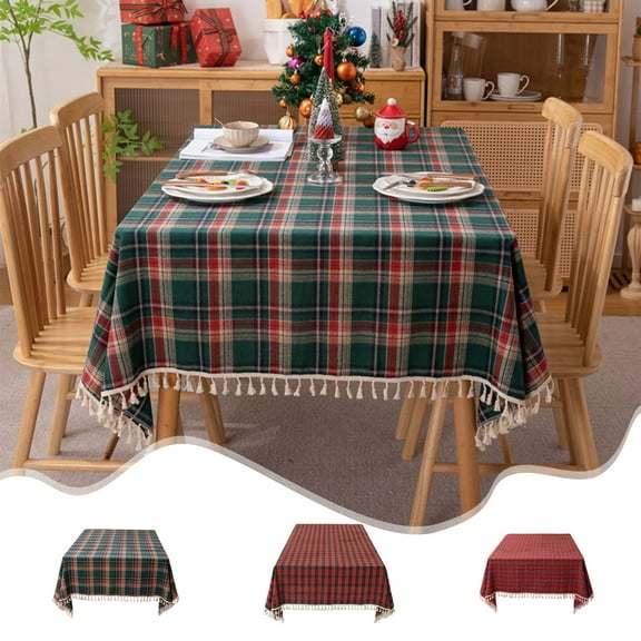 Luoshdecor Vintage Christmas Tablecloth,Xmas Weave Checked Tablecover with tassel,Farmhouse Decoration for Home Kitchen Dining Party Table 39x 55 in