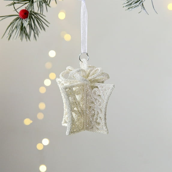 Luoshdecor White Christmas Hanging Ornaments,Plastic Glitter Bell Pine Snowflakes Wreath Christmas Trees Ornaments for New Year Party Winter Wedding Decor