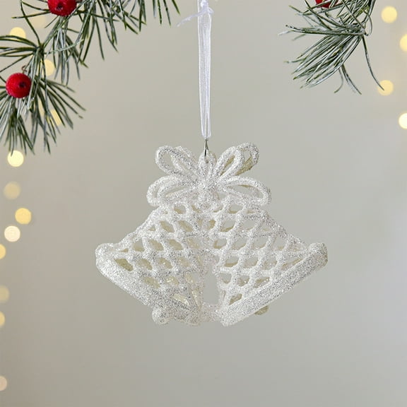 Luoshdecor White Christmas Hanging Ornaments,Plastic Glitter Bell Pine Snowflakes Wreath Christmas Trees Ornaments for New Year Party Winter Wedding Decor