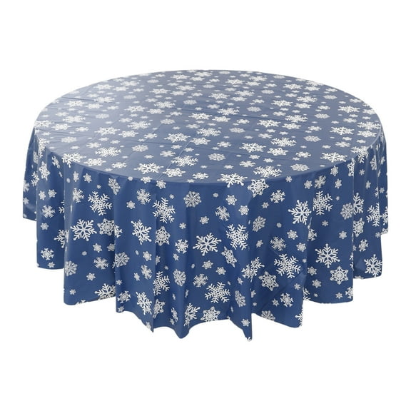 Luoshdecor Winter Christmas Snowflake Tablecloth ,Winter Disposable Round Plastic Party Waterproof Tablecover for Holiday Wedding Party 89.9 in