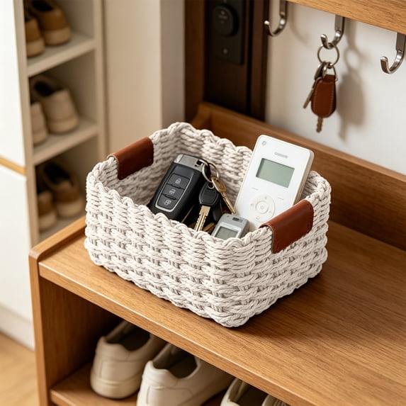 Luoshdecor Woven Rope Storage Basket Natural Paper Rope Organizer Basket Decorative Wicker Basket For Home Bathroom Bedroom Kitchen Office Sundries Cosmetics Toys