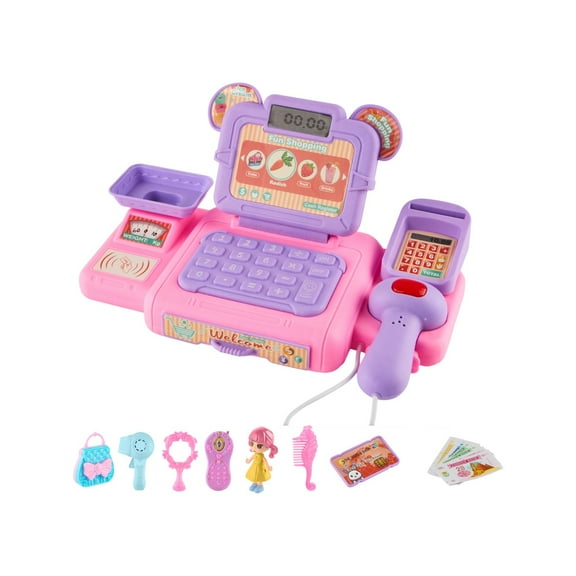 Luoshdecor Kids Cash Register Toy Set,Supermarket Shop Toys with Money, Card ,Calculator,Microphone and More