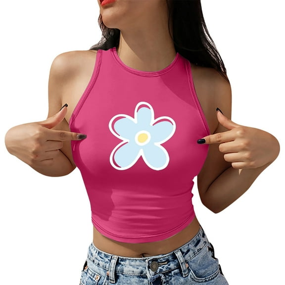 Luowei 2025 Summer Women's Floral Racerback Cropped Vest - Round Neck Sleeveless Casual Top, Hot Pink, XL