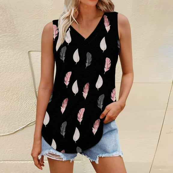 Luowei 2025 Women's Flowy V-Neck Summer Top - Loose Casual Short Sleeve Printed Vest T-Shirt, Black, S